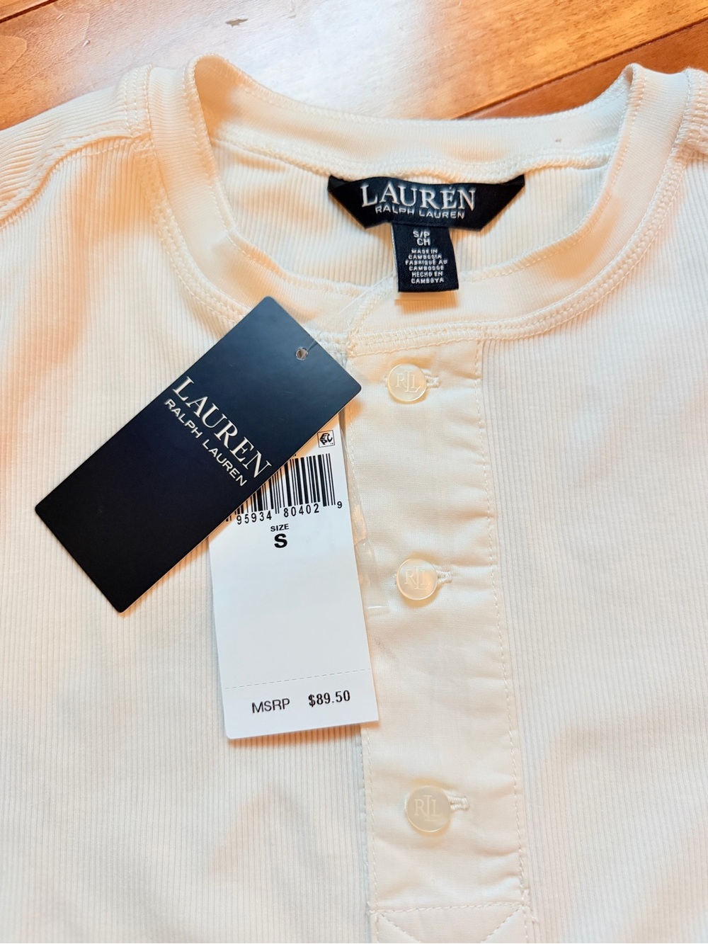 Lauren Ralph Lauren LRL Cream Henley Top Stretch Cotton Slim Fit Size S NWT - Picture 5 of 8
